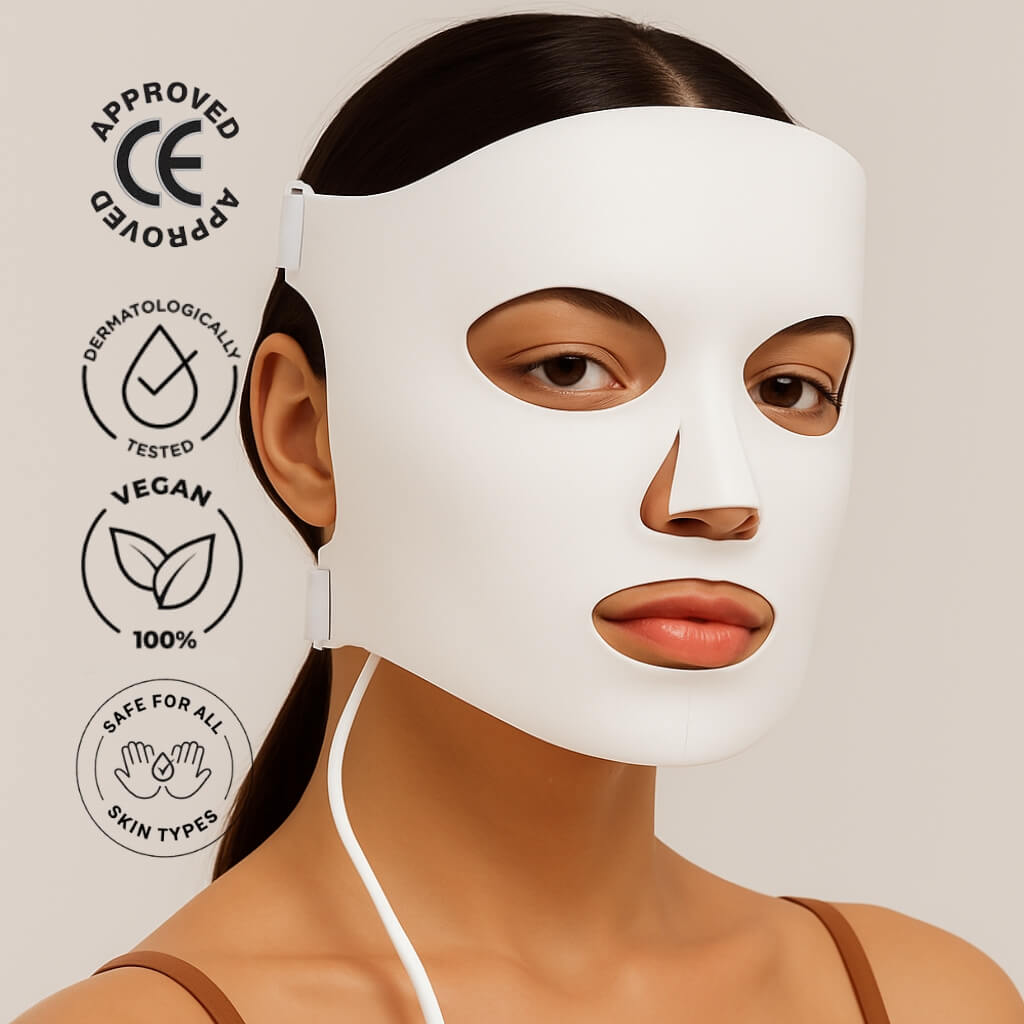 LumiLift Pro Face - Luminexa Woman wearing a white face mask with approval icons on a beige background