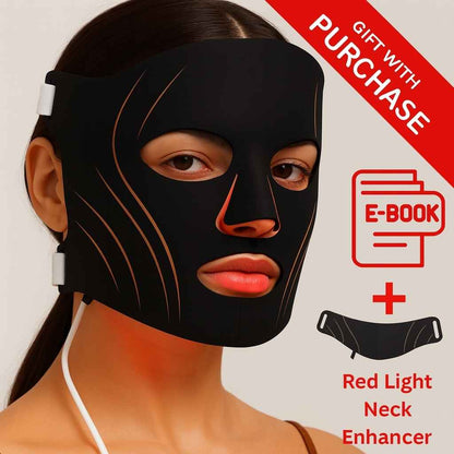 LumiLift Pro Face - LuminexaBlack neck and face mask with promotional text for a gift set including an e - book and red light neck enhancer.